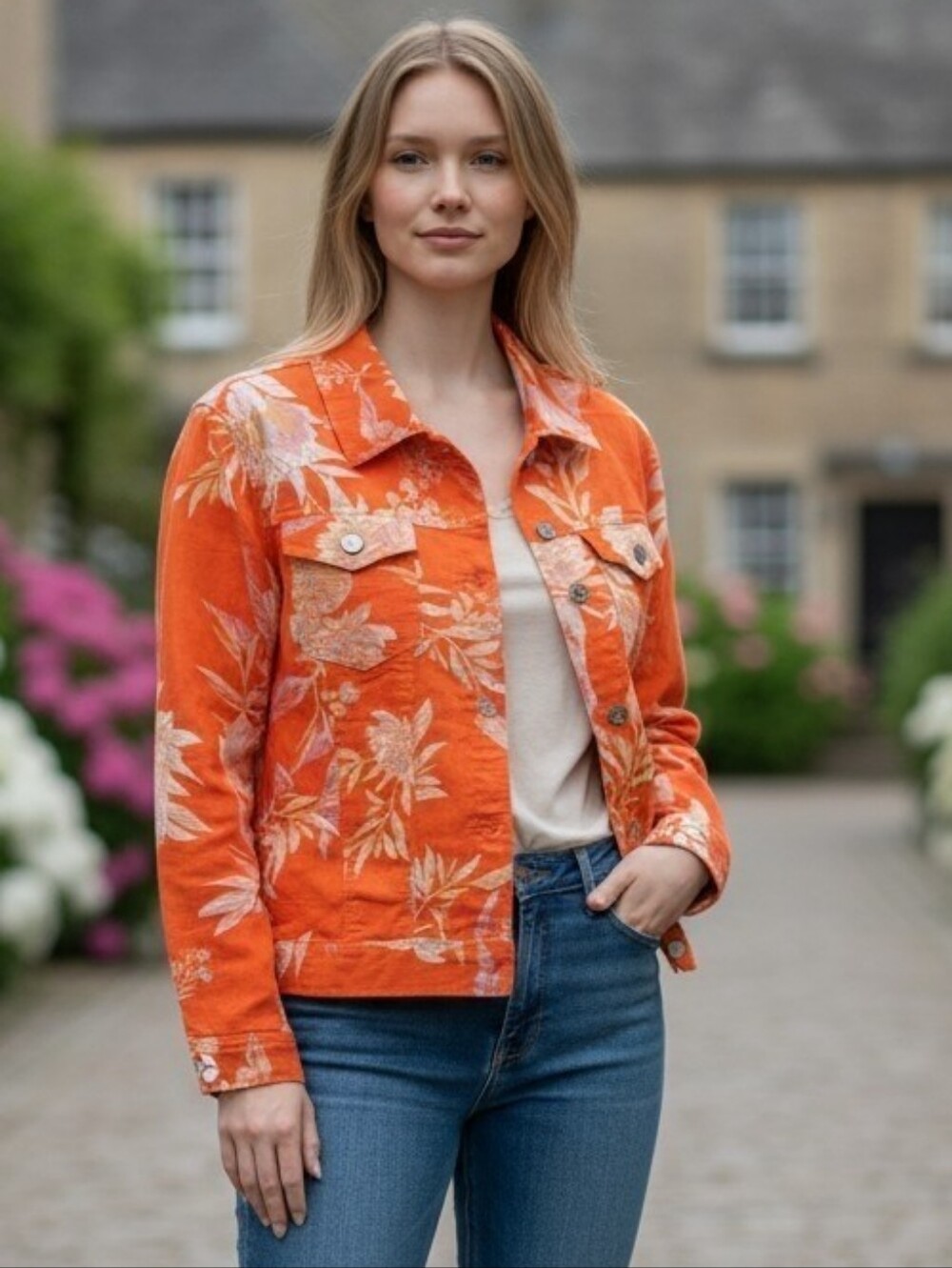 Linen Lightweight Cynthia Rowley Orange Floral Button-Front Jean Jacket